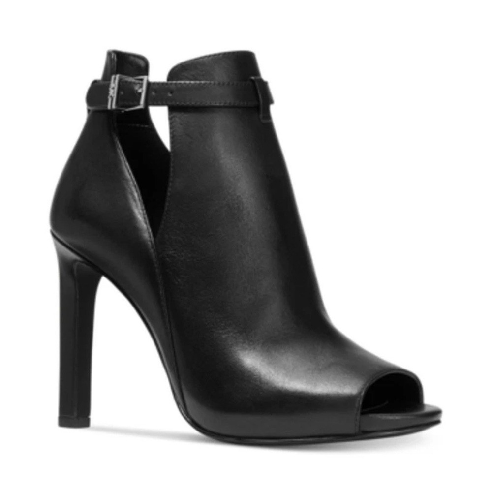 New MICHAEL KORS Sz 9 Lawson Heeled Booties Leather Black Ankle Wrap Open Toe